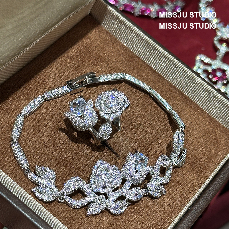 奢华优雅花卉小香风山茶花气质闪钻手链山茶花戒指双层高级感首饰