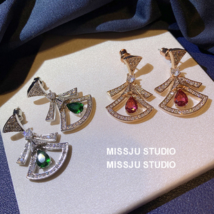 鞠婧祎王鸥同款红宝石裙子耳环女奢华祖母绿扇形耳钉耳坠耳饰银针