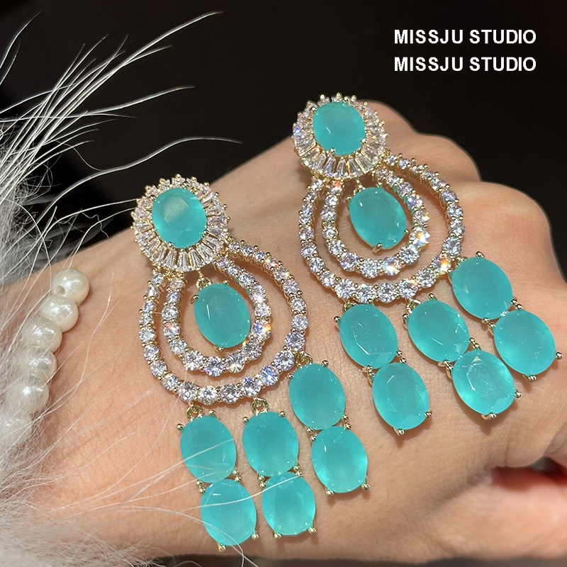 轻奢珠宝感甜美大钻果冻绿流苏耳环复古法式气质超闪小众设计感