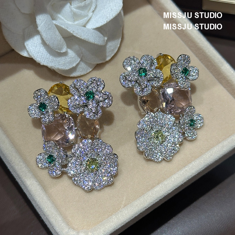 彩色宝石花朵镶钻耳环超仙气质时尚设计洋气清冷感绝美独特气质仙