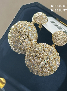 优雅气质奢华镶钻爆闪梯方钻半圆球球耳钉欧美高级感小众金属球形