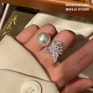 简约冷淡风树叶叶子珍珠戒指女开口可调食指戒网红潮人满钻花蕊