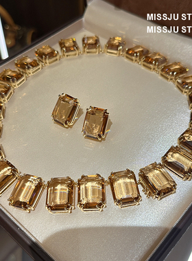 奢华重工欧美高级感满钻浅咖啡色大方钻锆石镶嵌礼服项链耳环套装