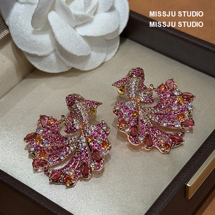 红色锦鲤鱼耳钉女高级感本命年耳环过年新年满钻红钻奢华气质重工