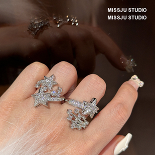 彗星镶钻戒指小香风冷清风五角星开口戒指可调节气质白富美钻戒