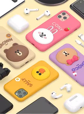 Line Friends布朗熊适用苹果15pro max手机壳硅胶防摔iPhone14卡通防撞保护套软13立体全包16pro max丘可12