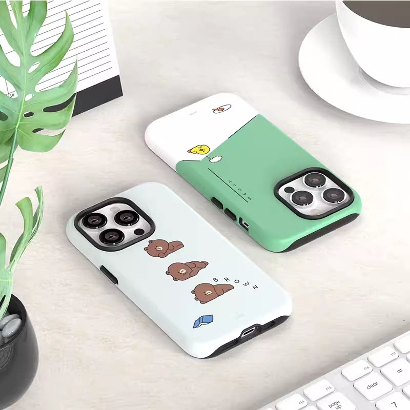 Line Friends布朗熊适用苹果15pro max手机壳双层防摔和平空间iPhone14硬套卡通可爱16pro情侣全包