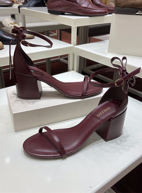 Arezzo巴西专柜正品代购2025年夏新款粗跟后蝴蝶结一字带经典凉鞋