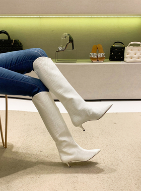 性感时尚长靴冬新款Schutz代购白色亮面牛皮蛇纹低跟高筒爆款巴西