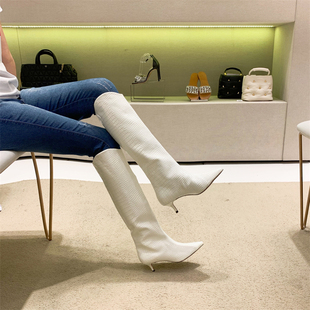 白色亮面牛皮蛇纹低跟高筒爆款 Schutz代购 巴西 长靴冬新款 性感时尚