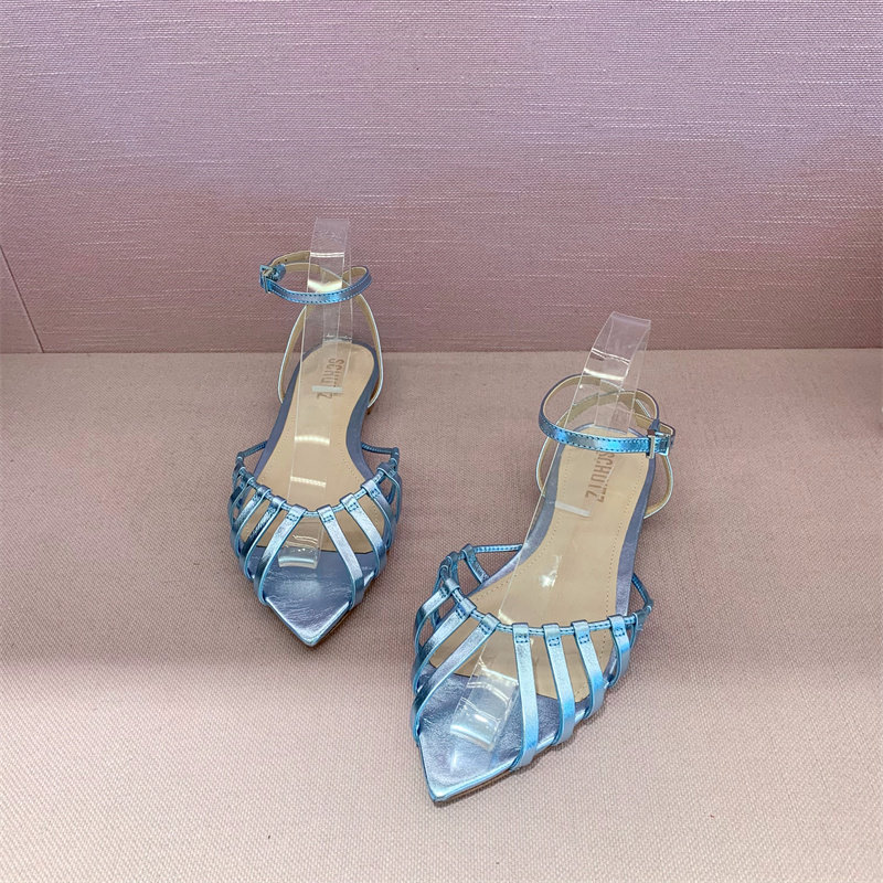 Schutz巴西专柜正品代购夏新款蓝色牛皮瓜子尖头镂空平底女凉鞋