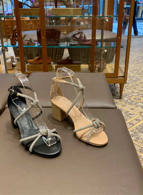 Arezzo巴西专柜正品代购夏季新款裸色牛皮闪钻粗跟时尚凉鞋