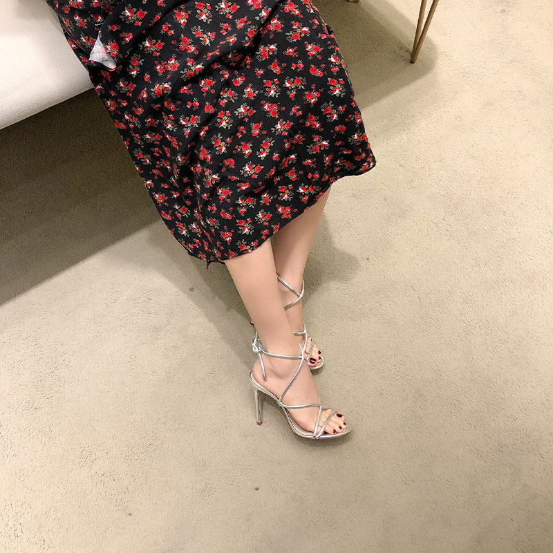 SCHUTZ巴西专柜正品春夏款银色牛皮细带绑带高跟鞋真皮鞋底