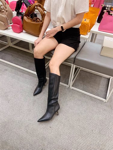 特价折扣Arezzo巴西专柜正品秋冬新款黑色牛皮低跟时尚尖头长靴