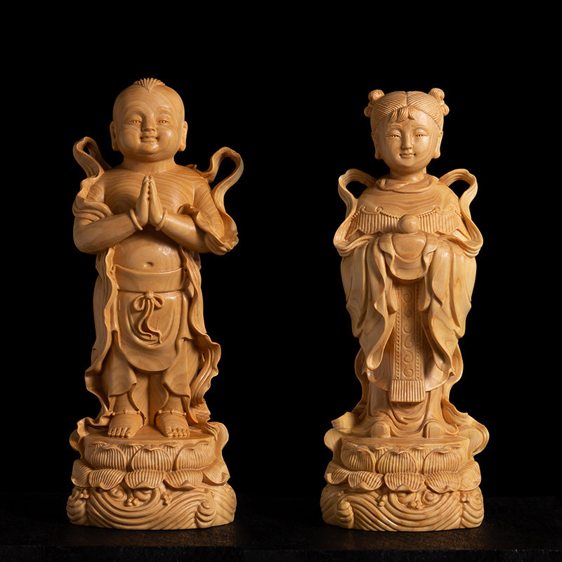 黄杨木家用供奉实木客厅工艺品善财童子龙女佛像木雕摆件金童玉女