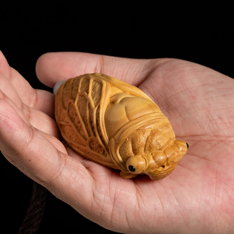 黄杨木实木手把件禅木雕挂件知了