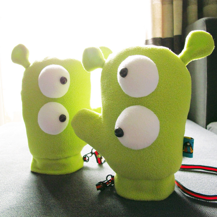 手套女秋冬加厚保暖韩版可爱卡通毛绒 全指连指手套 草绿马卡龙星