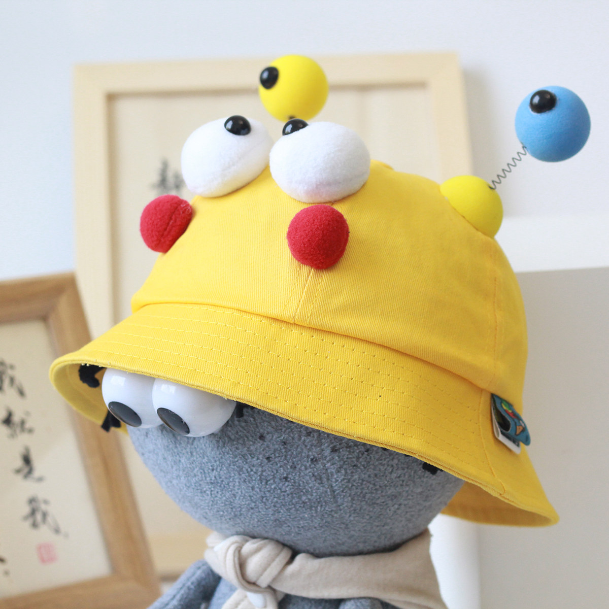 plumo皮洛姆国货幼儿纯棉遮阳防晒帽子宝宝春夏出游渔夫帽 外星人
