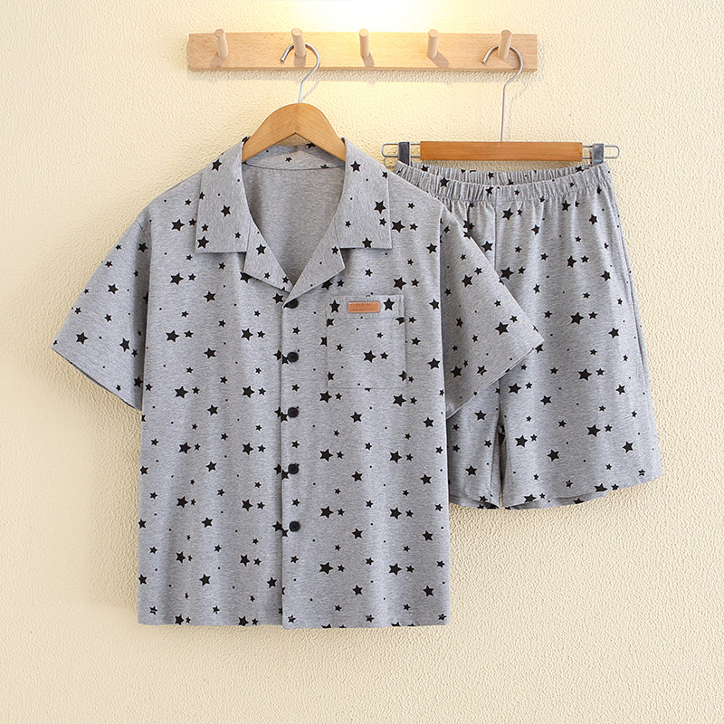 男士纯棉衬衫领睡衣套装短袖星星印花家居服高级感日式简约情侣款