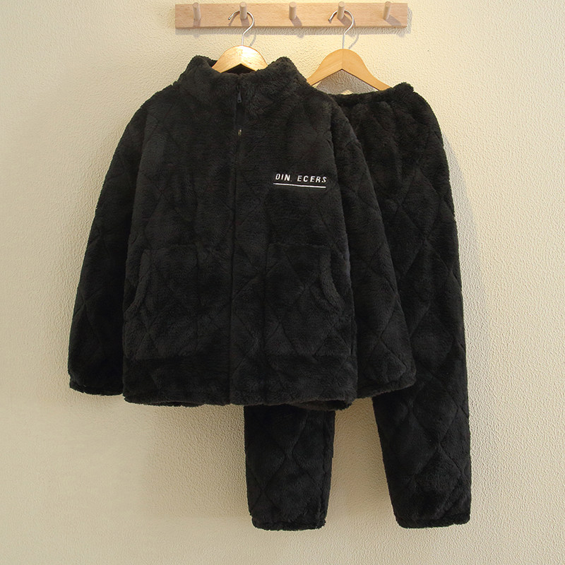 青少年珊瑚绒三层夹棉睡衣冬款加厚加绒可外穿冬季立领家居服亲子