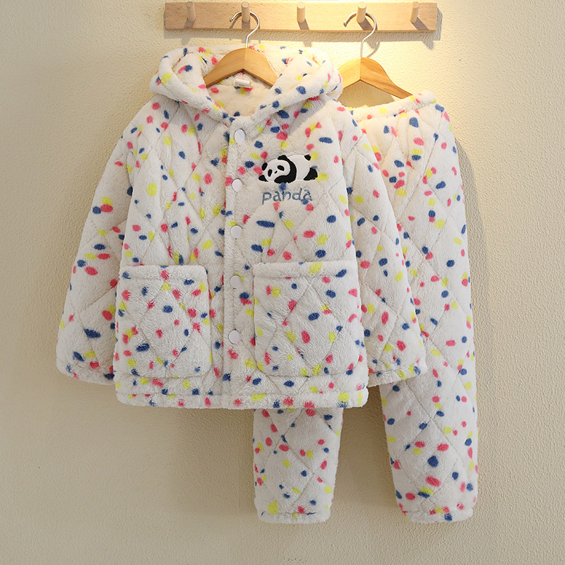 冬季三层加绒夹棉珊瑚绒加厚睡衣女童连帽亲子家居服套装外出