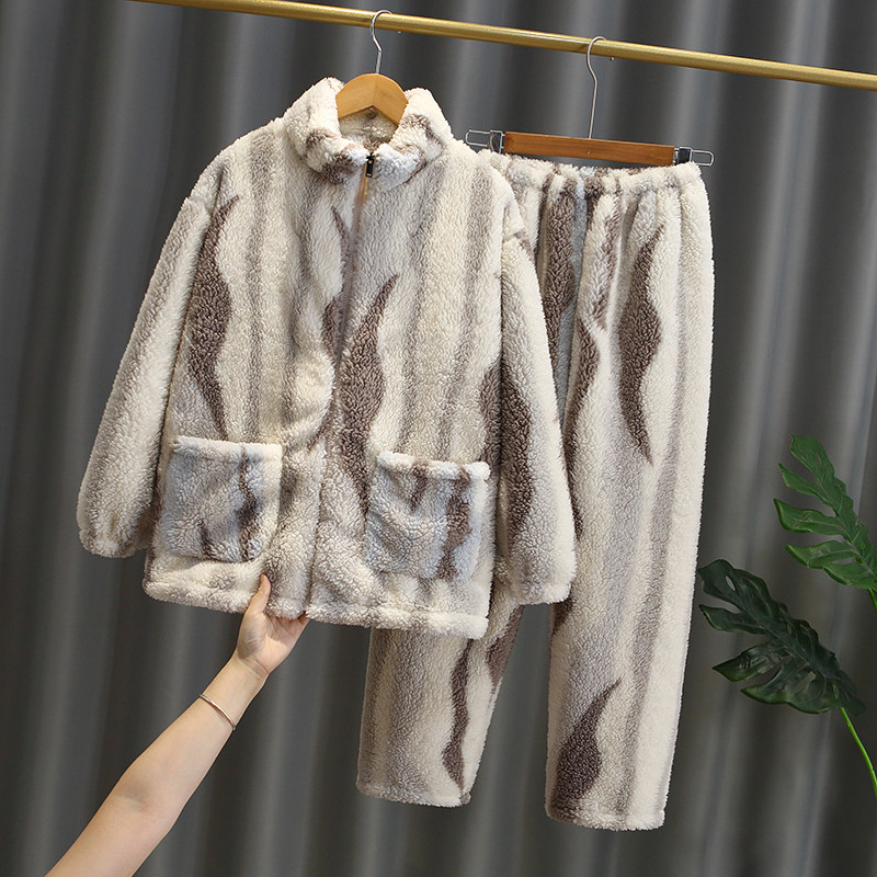 男女童秋冬珊瑚绒加绒睡衣加厚拉链条纹亲子冬天保暖家居服套装