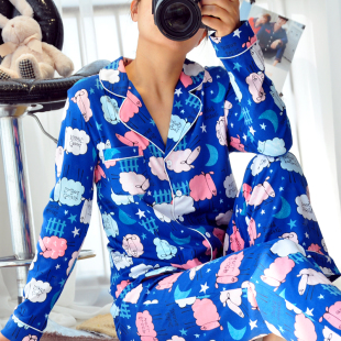 长袖 女士纯棉薄款 睡衣套装 家居服 休闲可爱卡通小码 修身 长裤 春夏季