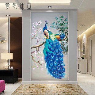 新中式纯手绘孔雀油画玄关百鸟之王装饰挂画寓意富贵吉祥招财纳福