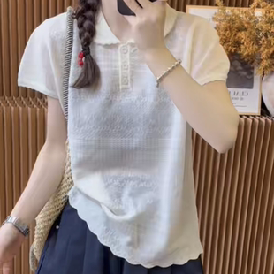 女甜美翻领短袖 欧洲站2025夏季 钩花女人味冰丝针织衫 新款 上衣 时尚