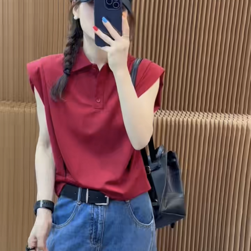 欧洲站2025年夏季新款时尚气质翻领T恤女洋气坎肩褶皱显瘦小衫潮