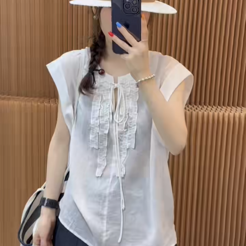 欧洲站2025年夏季新款时尚木耳边领结麻料衬衫女圆领盖肩袖上衣潮