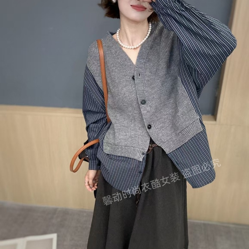 拼接假两件衬衫女宽松羊毛针织