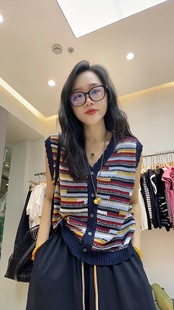 坎肩上衣潮 欧洲站2025年夏季 新款 时尚 V领条纹冰丝针织背心女无袖