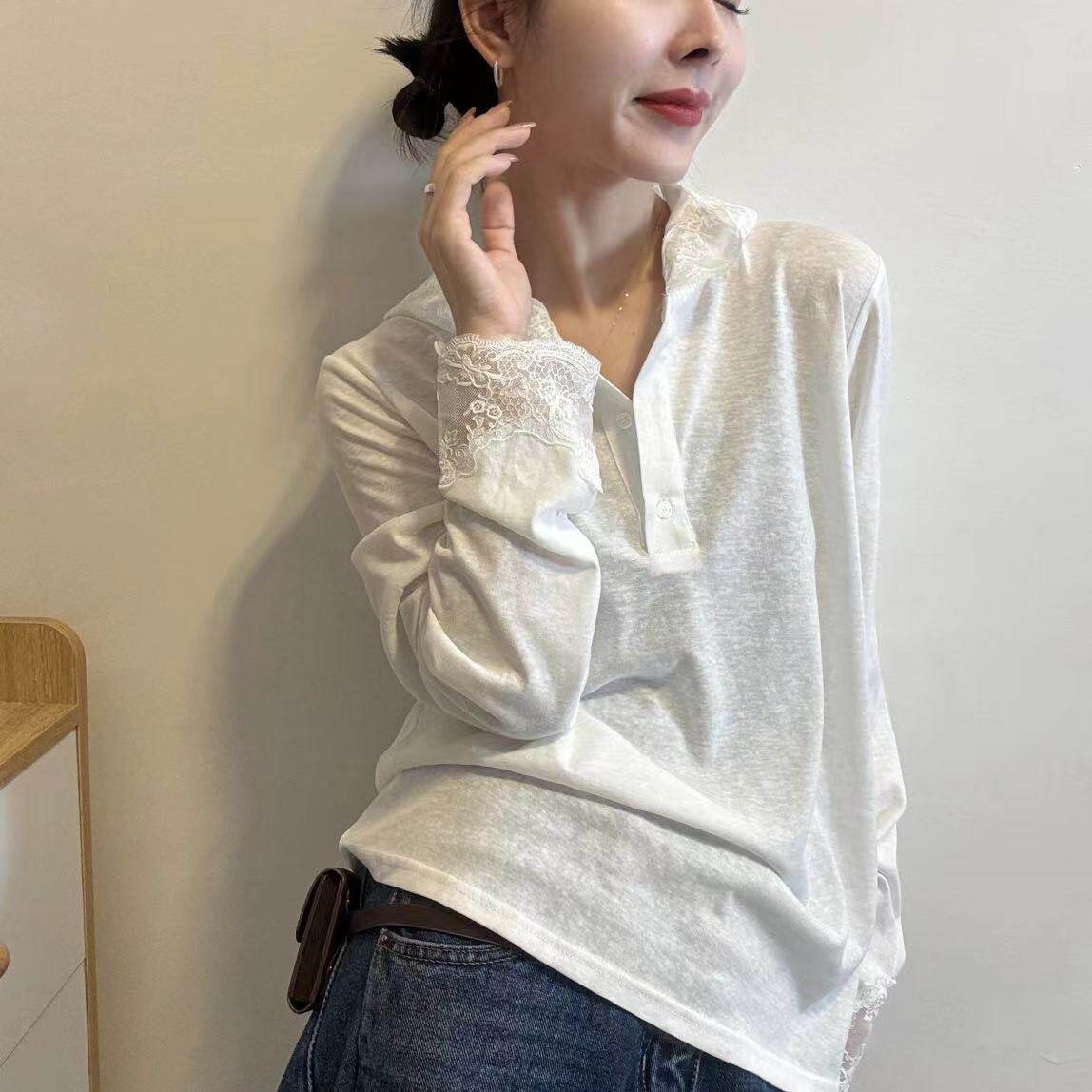 2026年春秋新款韩版白色连帽蕾丝花边长袖打底T恤女小众休闲上衣