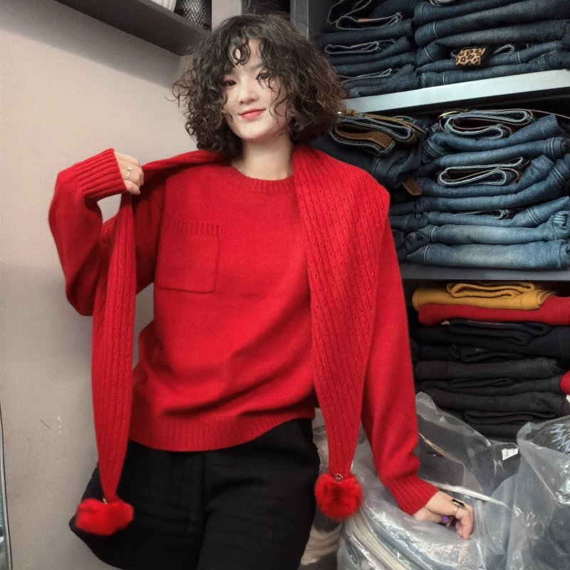 2025年冬季新款时尚配围巾单排扣羊绒针织衫女圆领洋气红色毛衣潮