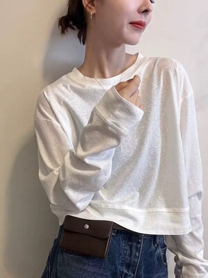 2024秋季白色纯棉长袖短款卫衣T恤女柔软亲肤透气休闲百搭上衣潮