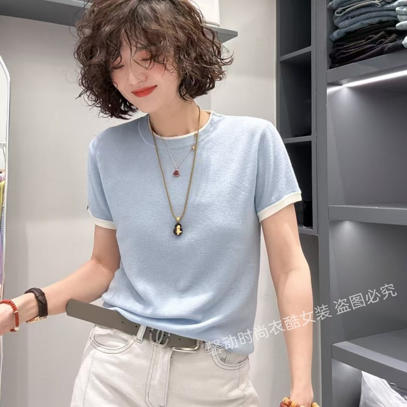 洋气拼色圆领短袖细羊毛上衣女