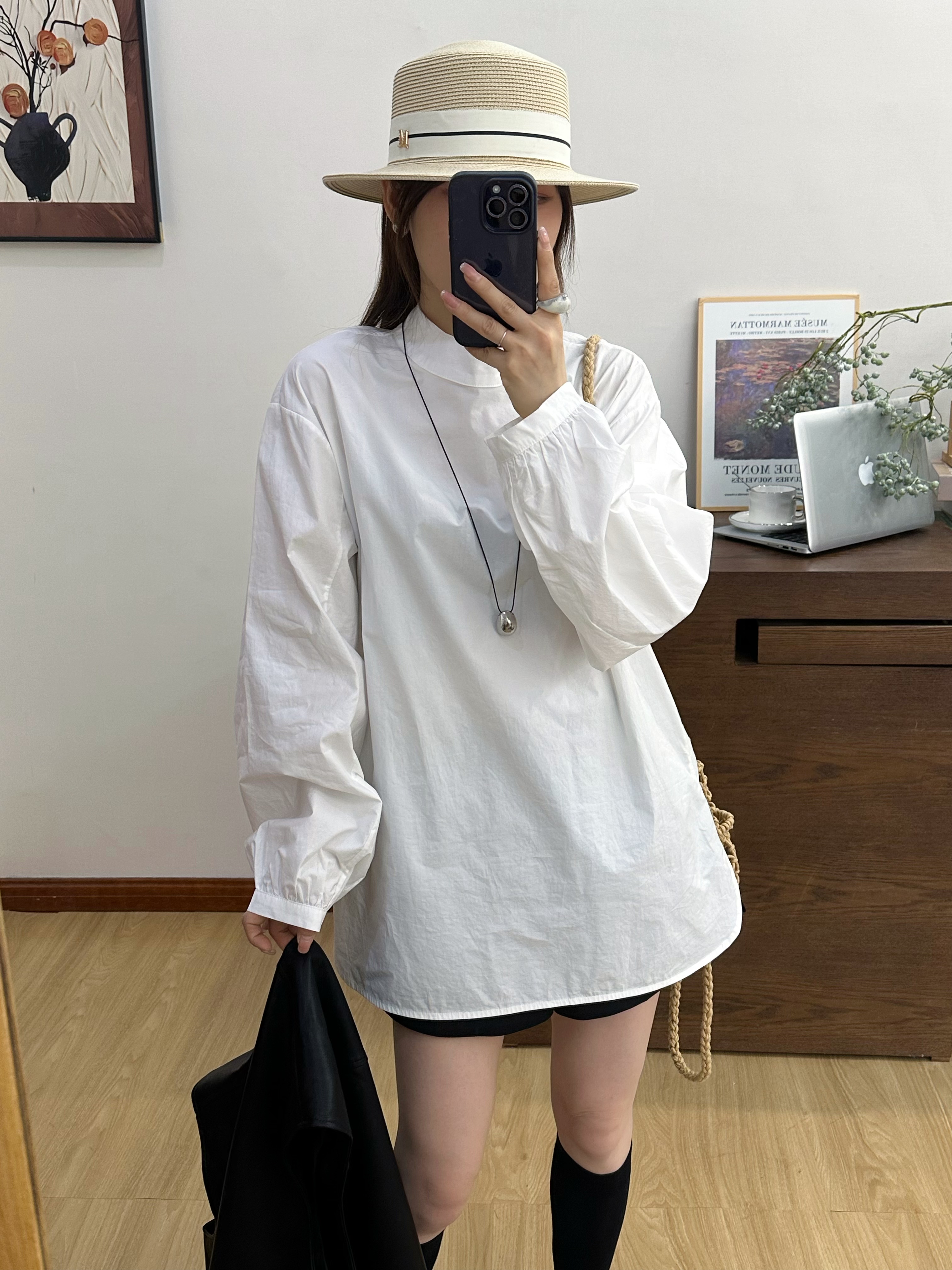 欧洲站2026年春装新款时尚侧边开衩灯笼袖T恤女圆领长袖宽松上衣