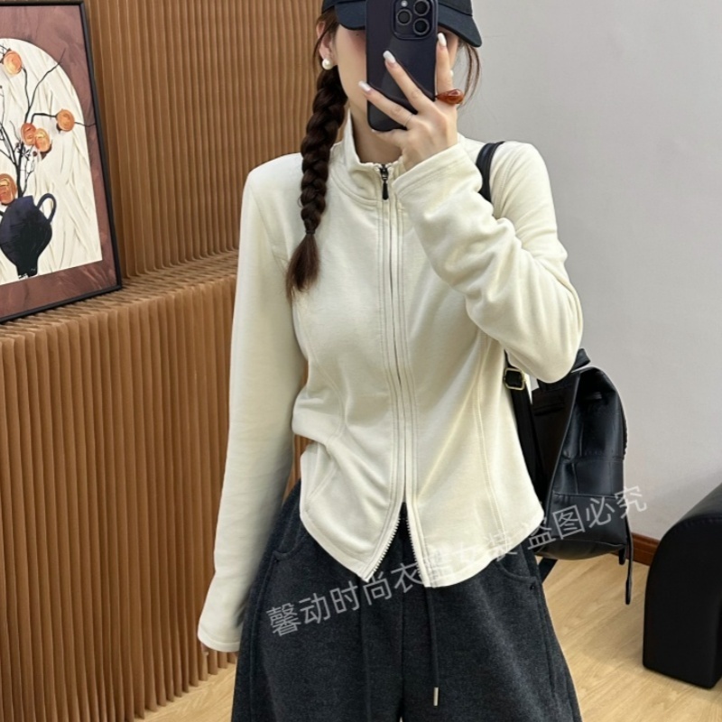 半高领双拉链德绒卫衣开衫女