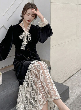 2025春秋装丝绒高端场合连衣裙女刺绣洋气减龄韩系休闲显瘦裙子