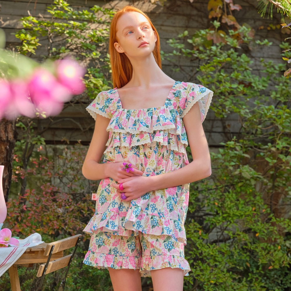 2023夏韩国ullala乌拉拉公主睡衣无袖纯棉碎花短裤家居服套装中裙