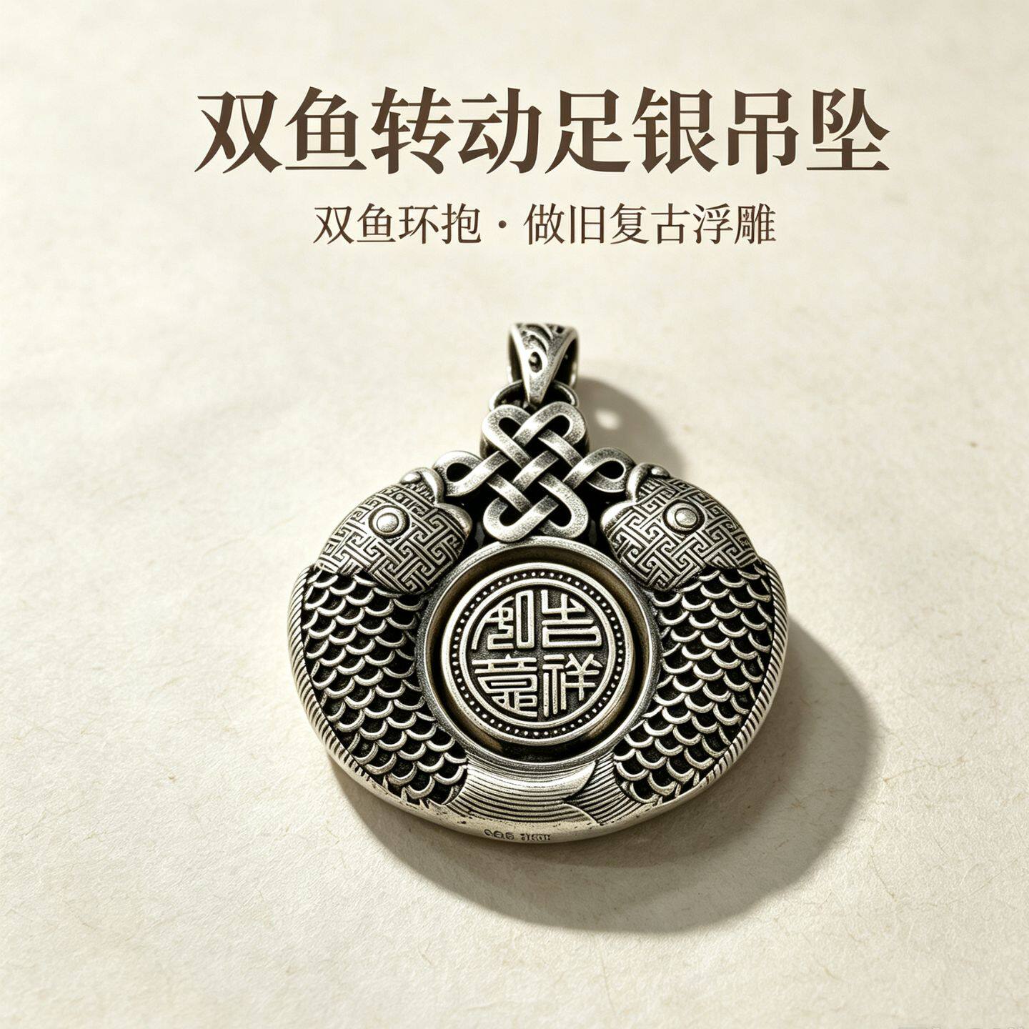 古法双鱼纯银吊坠吉祥如意转动