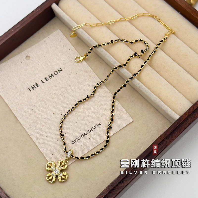 S925银古法十字金刚杵项链女纯银新款国风编绳女生锁骨链气质饰品