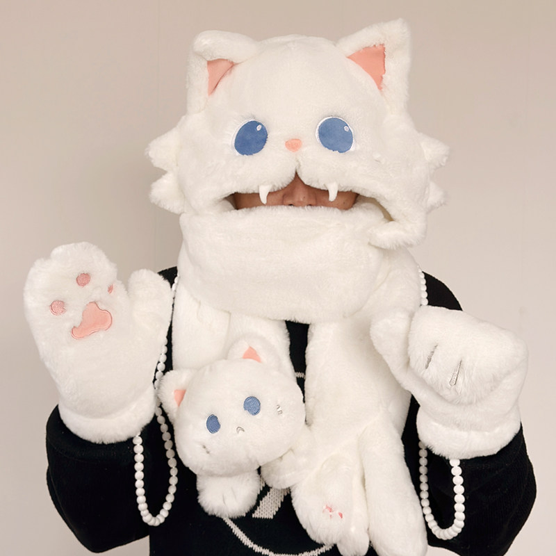 可爱猫咪围脖帽子手套一体毛绒保暖百搭连帽围巾冬季女生礼物礼品