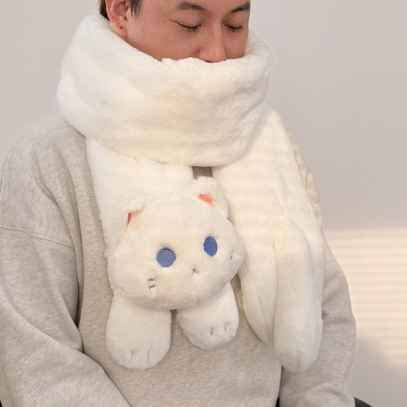 新款秋冬季女百搭可爱小猫咪仿兔毛围巾披肩两用双面保暖围脖