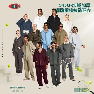 BE男装 外套 2025秋冬美式 潮牌纯色宽松加绒连帽卫衣拉链针织开衫