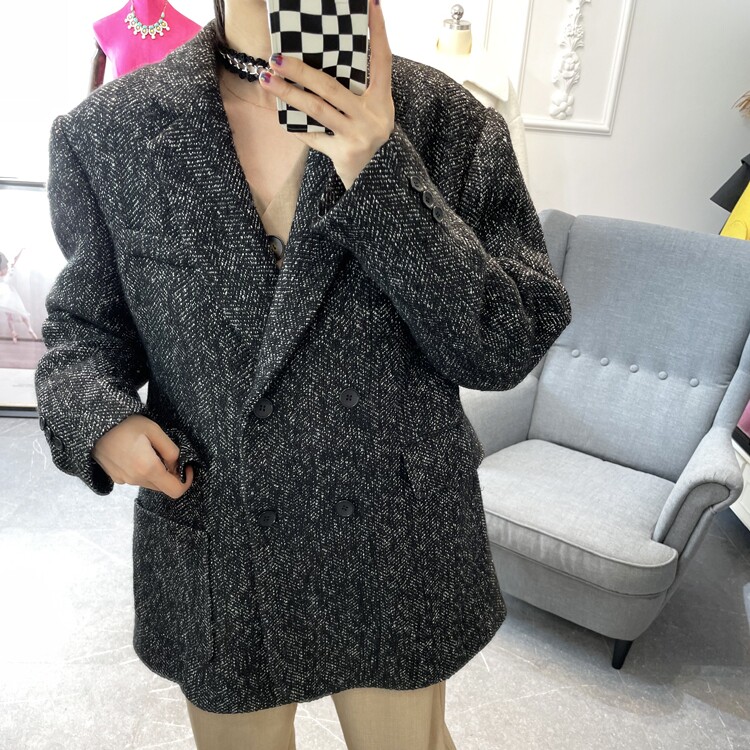 羊毛毛呢黑白色秋冬西装外套上衣女复古韩版慵懒港风长袖宽松大衣
