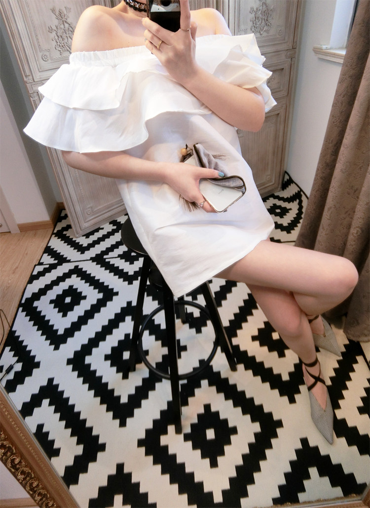 蓬蓬裙夏白色韩国街拍荷叶边硬挺一字肩领松紧a字娃娃连衣裙短裙