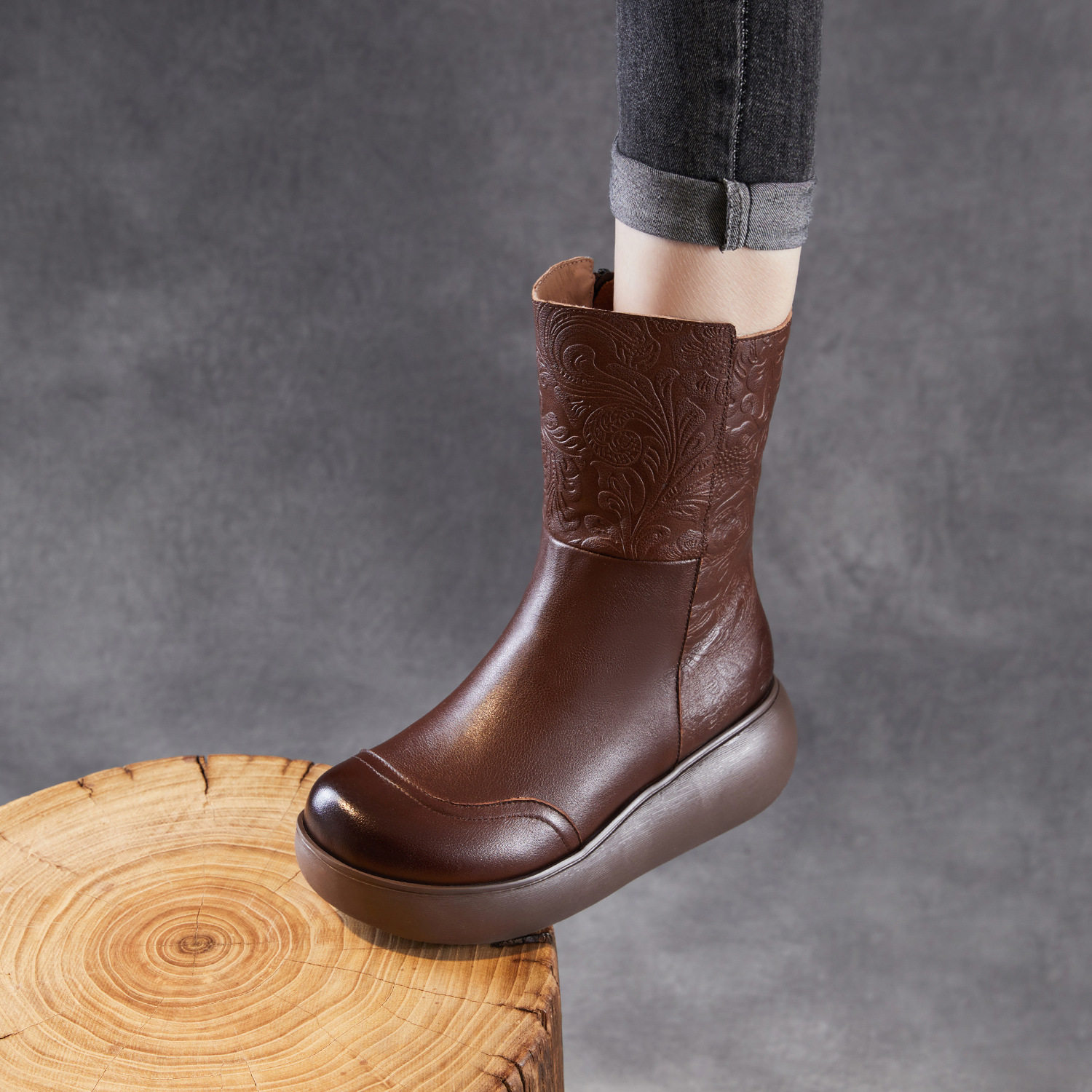 厚底中筒妈妈棉靴女真皮复古松糕鞋民族风防水台坡跟防滑加绒皮靴,女鞋,烟筒靴,淘宝优惠券,粉丝福利购,淘宝优惠卷