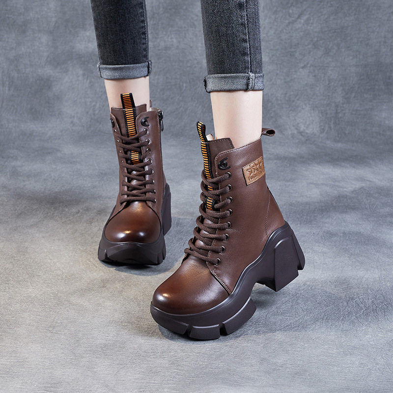 显瘦高跟短靴女2022新款秋冬加绒小个子增高松糕鞋真皮厚底马丁靴,女鞋,马丁靴,淘宝优惠券,粉丝福利购,淘宝优惠卷